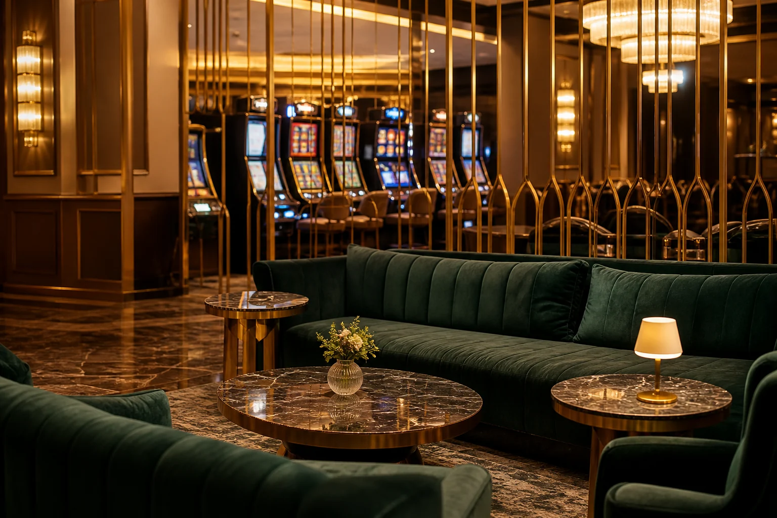 Lounge z zielonymi fotelami i ciepłym oświetleniem
